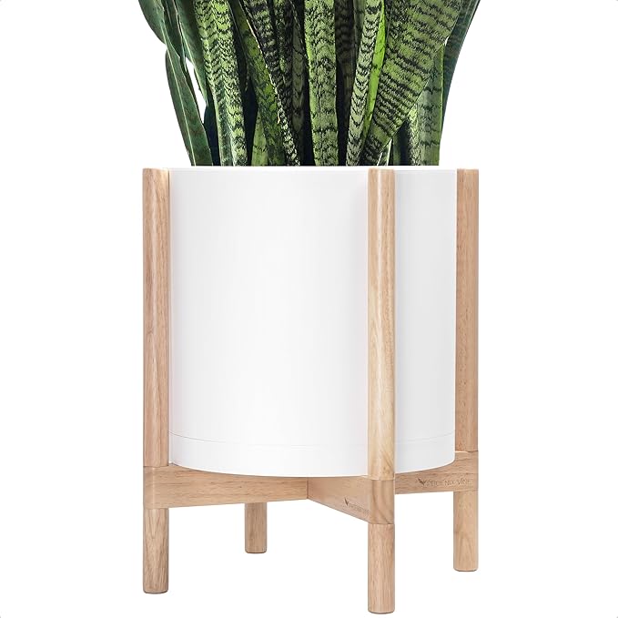 D'vine Dev Plastic Pot with Natural Wood Stand, White, 14 in, 55-C-S-1 | Mid-Century Inspired Design, Elevated Plant Display, Clean Lines, Sturdy Support, Modern Space-Saving Style