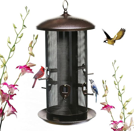 Nature's Rhythm Metal Hopper Bird Feeder Two Chambers，Heavy Duty Mesh Metal Dual Seed Compartments Outdoor Hanging Wild Bird Feeder with 10 Feeding Ports,10lbs Seed Capacity