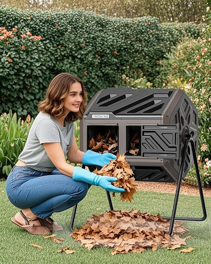 THE Growing 43 Gal Outdoor Compost Bin Tumbler for Backyard Garden, Brown | Twin 21.5gal chambers blend with landscapes. Pre-embedded nuts for fast setup. Durable resin deters pests and bad odors.
