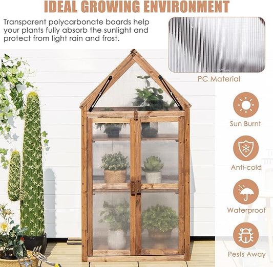GRAFFY Wooden Cold Frame Greenhouse, Portable Raised Flower Planter Shelf with 3 Removable shelves and Transparent Flip-Top Roof, Mini Greenhouse Cabinet for Outdoor Indoor Use(27" L x 16" W x 58" H )