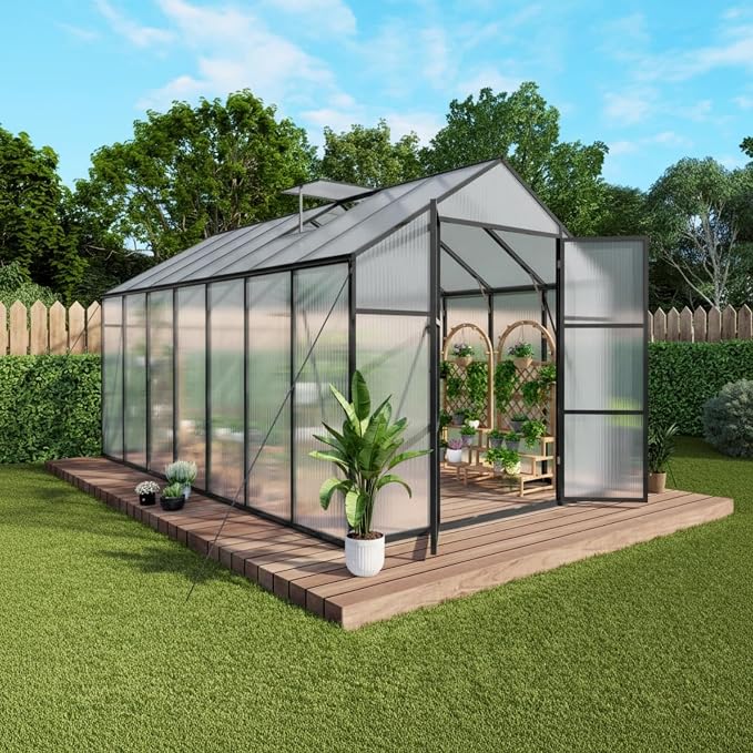 8x14 FT Greenhouse, Walk-in Heavy Duty Polycarbonate Outdoor Greenhouses with Raised Base & Anchor, Height-Enhanced Aluminum Frame, & Drainage System for Backyard All Season Growing, Black