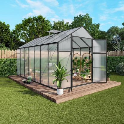 8x14 FT Greenhouse, Walk-in Heavy Duty Polycarbonate Outdoor Greenhouses with Raised Base & Anchor, Height-Enhanced Aluminum Frame, & Drainage System for Backyard All Season Growing, Black