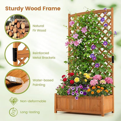 HAPPYGRILL Raised Garden Bed with Trellis, 71" Planter Raised Bed with Drainage Holes, Freestanding Garden Planter for Vine Climbing Plants, Wooden Planter Box for Yard Balcony(1, Yellow)