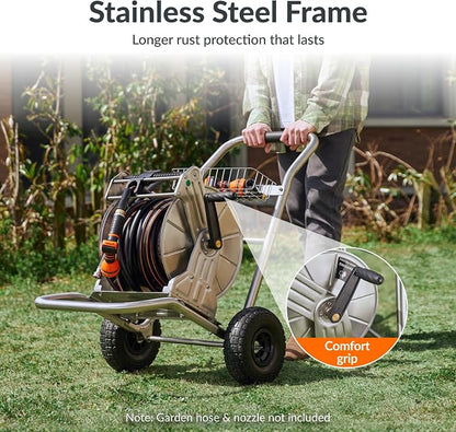 Giraffe Tools Garden Hose Reel Cart with Wheels, Stainless Steel Heavy Duty Water Hose Reel Cart, 200 ft of 1/2 Capacity, Mobile for Outside