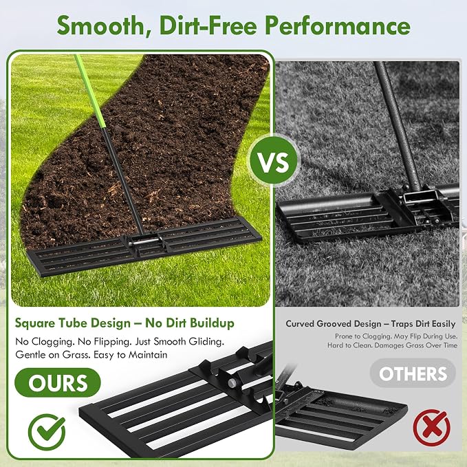 Seeutek Lawn Leveling Rake, 45" x 10" Heavy Duty Ground Leveler | with 0-180° Adjustable Handle, 6.5FT Steel Handle Lawn Leveler for Yard Garden Golf, Ease Level Soil Sand Dirt Surface