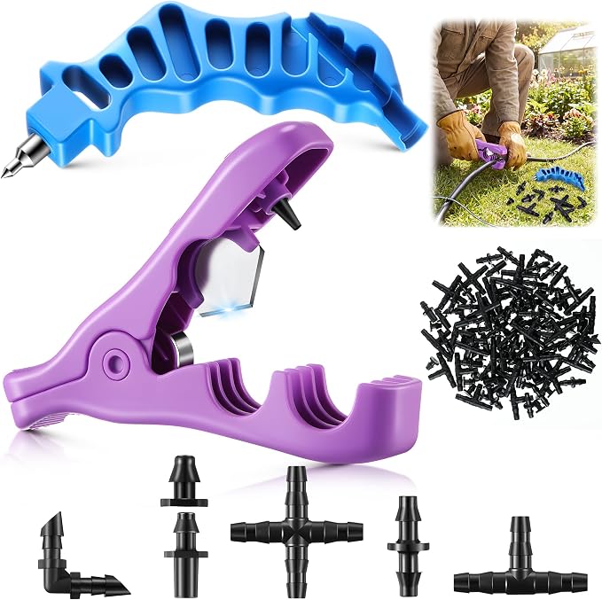 Feekoon Drip Irrigation Punch Tool & 2 in 1 Drip System Punch Tool with 115 Irrigation Plugs, for 1/4'' Fitting Emitter Insertion. for Outdoor Garden Home Gardening Landscaping Lawn Pipe System Hose