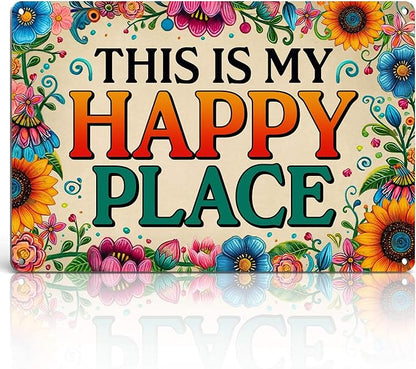 Funny Garden Wall Art Decor This Is My Happy Place Tin Sign | Gardening Gifts for Women Plant Lovers Garden Patio She Shed Fence Decor Metal Welcome Sign 12x8 Inch Weather-proof Aluminum