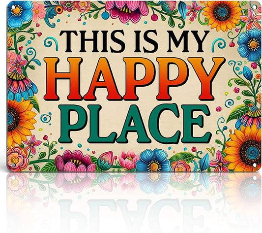 Funny Garden Wall Art Decor This Is My Happy Place Tin Sign | Gardening Gifts for Women Plant Lovers Garden Patio She Shed Fence Decor Metal Welcome Sign 12x8 Inch Weather-proof Aluminum