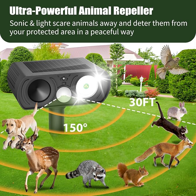 Solar Ultrasonic Animal Repellent, Deer Repellent Devices Waterproof, Cat Repellent Outdoor with Motion Detection Squirrel Skunk Rabbit Dog Raccoon Deterrents Animal Repeller for Yard, 1 Pack, Black