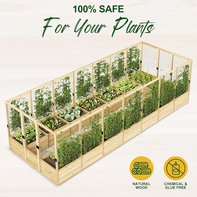 AMERLIFE Outdoor Raised Garden Bed with Deer Proof Fence, Wooden Raised Garden Bed with 19" Depth Planter Box, 7.5Wx20Dx6H Planter with Fence