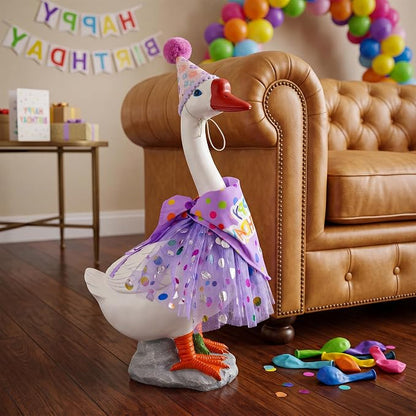 Large Porch Goose Outfits Set Decor - 20" Porch Goose Statue with Birthday Costume Gift for Mom Girl Boy ,Indoor or Outdoor Decorative Figurine for Garden Patio Lawn Entryway Accent,Housewarming Gifts