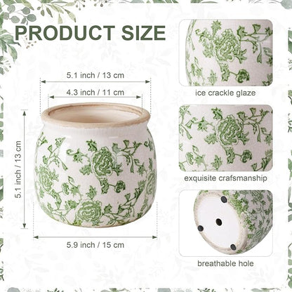 DREAMLOOM Vintage Ceramic Planter for Indoor Plants,6.1" Ice Crack Cottage Scroll Vase Tuscan Decor Flower Pots with Drainage Holes Home Kitchen Farmhouse Antique Decorative Gift (Green-Round)