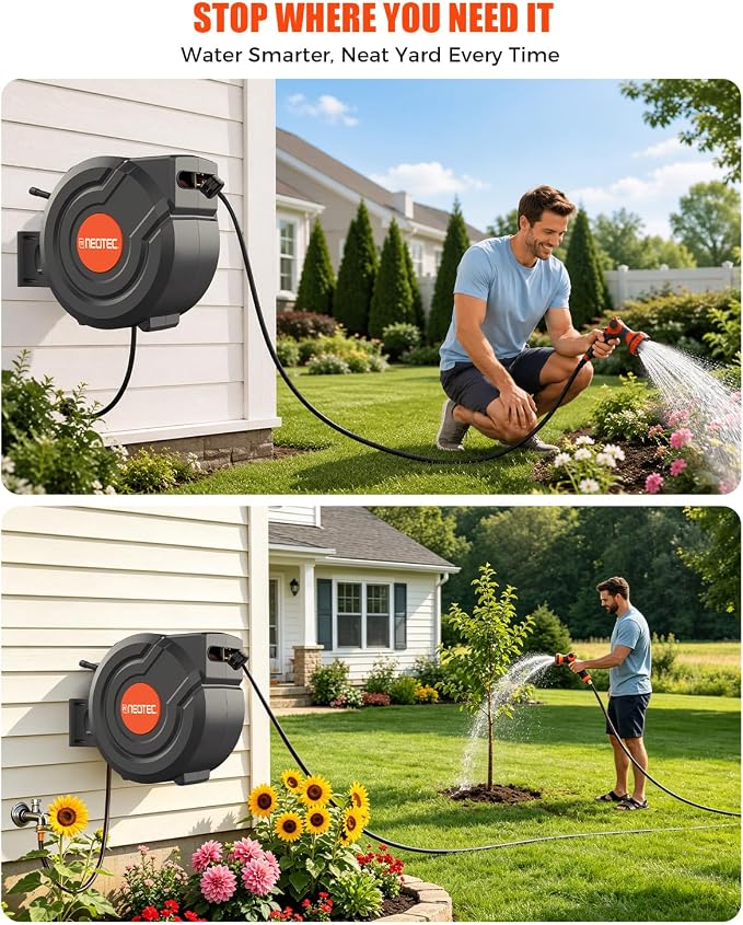 150FT Retractable Garden Hose Reel 1/2 Inch, Wall Mounted Heavy Duty Water Hose with Auto-Lock, Slow Return, 180° Swivel Bracket & 9-Pattern Spray Nozzle – UV Resistant Outdoor Hose Storage System