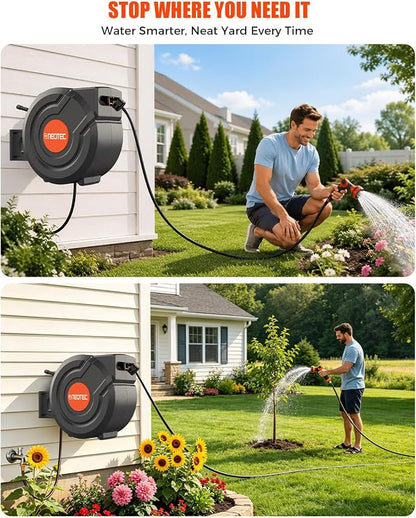 150FT Retractable Garden Hose Reel 1/2 Inch, Wall Mounted Heavy Duty Water Hose with Auto-Lock, Slow Return, 180° Swivel Bracket & 9-Pattern Spray Nozzle – UV Resistant Outdoor Hose Storage System