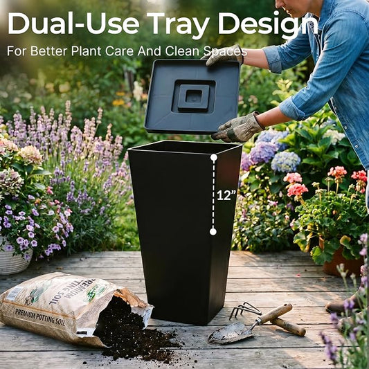 KOL Planters for Outdoor Plants, 28 Inch Tall Black Flower Pots 2 Pack, Large Plastic Plant Pots with Drainage Hole and Dual-Purpose Tray, Decorative Indoor Planter for Front Porch Patio Garden