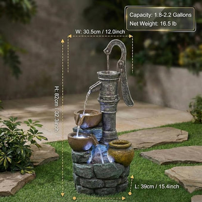 32 Inch Large Outdoor Fountain with Vintage Pump Design, Freestanding Resin Waterfall Feature, Weather Resistant Construction for Patio Yard Garden Backyard Entryway Decor