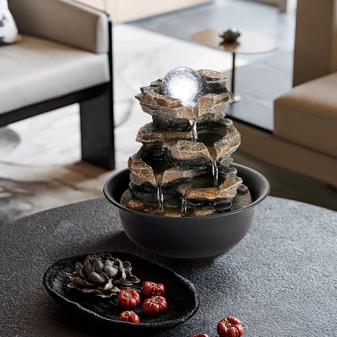 WICHEMI Indoor Water Fountain Tabletop Fountain Stacked Rock with LED Light | Relaxing Water Feature, Meditation Fountain, Soothing Sound, Stress Relief, For Home Office Bedroom Decor, 7.8"x7.8"x7.9"
