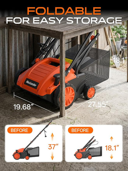 MAXLANDER 13 Inch Electric Dethatcher and Scarifier, 12 Amp Lawn Dethatcher with 4-Position Depth Adjustment, 30L Thatch Bag, 2-in-1 Walk Behind for Lawn Garden Care Removing Thatch