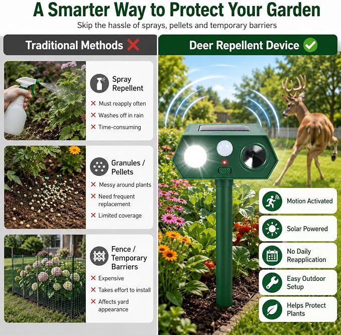 2026 Sonic Fortress Pro Deer Repellent Device,4Pack Solar Ultrasonic Animal Repellent with Motion Sensor&Flash Light for Squirrel Raccoon Rabbit Repellent for Flower Bed,Plants,Vegetables Yard(4 Pack)