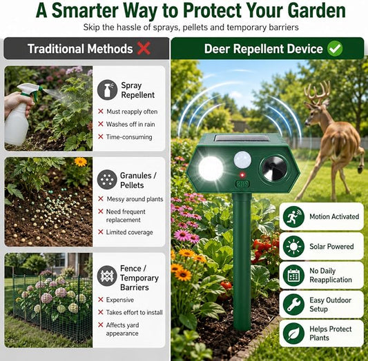2026 Sonic Fortress Pro Deer Repellent Device,4Pack Solar Ultrasonic Animal Repellent with Motion Sensor&Flash Light for Squirrel Raccoon Rabbit Repellent for Flower Bed,Plants,Vegetables Yard(4 Pack)