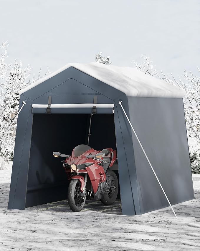 6 x 8 ft Bike Shed ATV Storage Tent Portable Storage Shed Outdoor Carport Tarp Sheds with Roll-Up Door for Motorcycle, Car, Garden Tools Grey