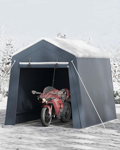 6 x 8 ft Bike Shed ATV Storage Tent Portable Storage Shed Outdoor Carport Tarp Sheds with Roll-Up Door for Motorcycle, Car, Garden Tools Grey