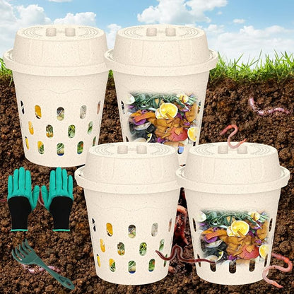 Warm Farm, 4-Pack 8L (2.11Gal) Inground Worm Composter, Outdoor Worm Compost Bin for Garden Beds & Home Use, Vermicomposting Bin for Beginners (9.5x9.5x10.8Inch), Wheat Straw Plastic