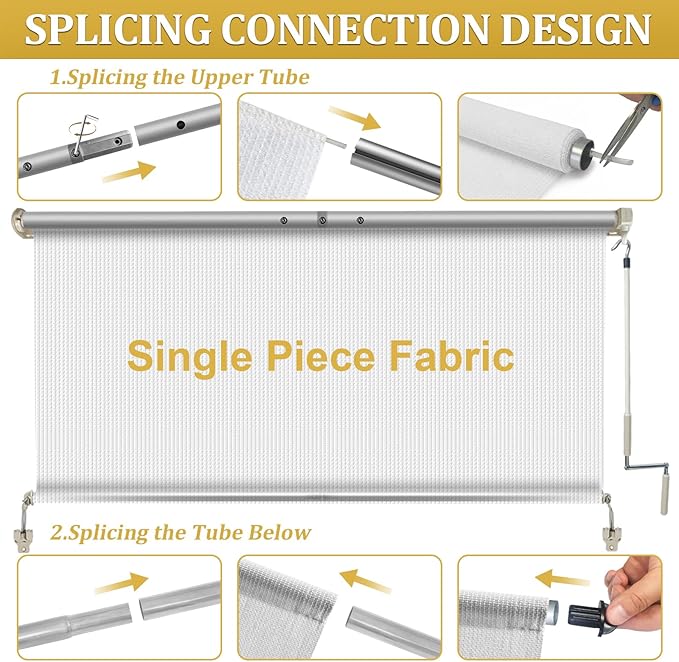 Shade&Beyond Outdoor Roller Shades with Splicing Design, 8' W x 8' H Cordless Patio Roll Up Blinds, Exterior Shade Cloth Roll for Porch, Gazebo, Pergola, Balcony, White