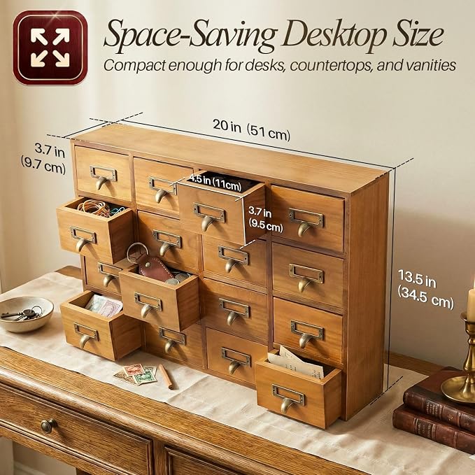 Flexzion Apothecary Cabinet with Drawers - 16 Vintage Drawers, Card Catalog Cabinet, Brown Wooden Tabletop Desktop Organizer for Home Office, Jewelry, Makeup, Tools & Small Item Storage