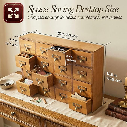 Flexzion Apothecary Cabinet with Drawers - 16 Vintage Drawers, Card Catalog Cabinet, Brown Wooden Tabletop Desktop Organizer for Home Office, Jewelry, Makeup, Tools & Small Item Storage