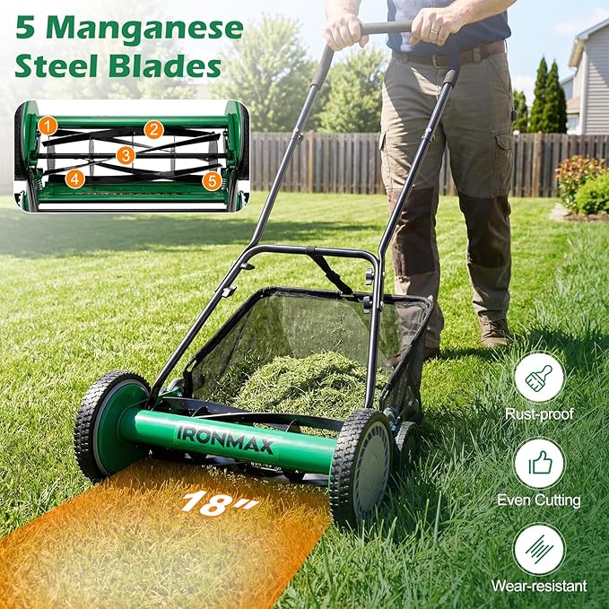 IRONMAX 18 Inch 5-Blade Push Reel Lawn Mower, 9-Level Adjustable Cutting Heights, Removable Grass Catcher, Lightweight No Motor Walk-Behind Manual Grass Cutter for Garden Yard Park (Green, 18 Inch)