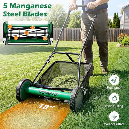 IRONMAX 18 Inch 5-Blade Push Reel Lawn Mower, 9-Level Adjustable Cutting Heights, Removable Grass Catcher, Lightweight No Motor Walk-Behind Manual Grass Cutter for Garden Yard Park (Green, 18 Inch)