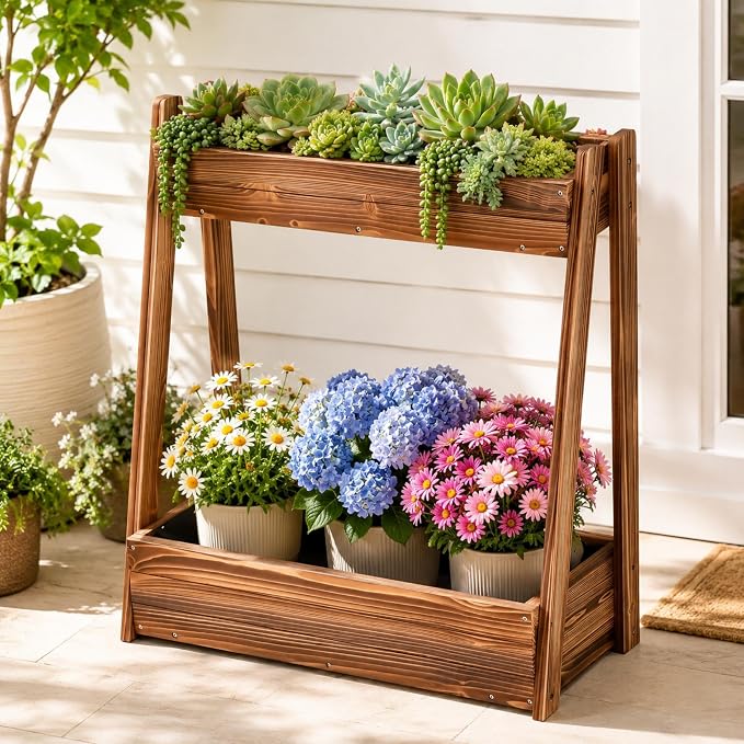 36" 2-Tier Freestanding Elevated Wooden Raised Garden Bed | Tiered fir wood planter with 23" vertical space, drainage holes, liner, and no-bend height for herbs, veggies, or flowers