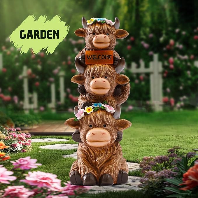 Garden Highland Cow Statue Solar Outdoor Decor with Flower Decoration Funny Triple Highland Cow Decor Birthday Gifts for Women Mom Highland Cows Figurine for Yard Garden Patio Lawn Ornaments