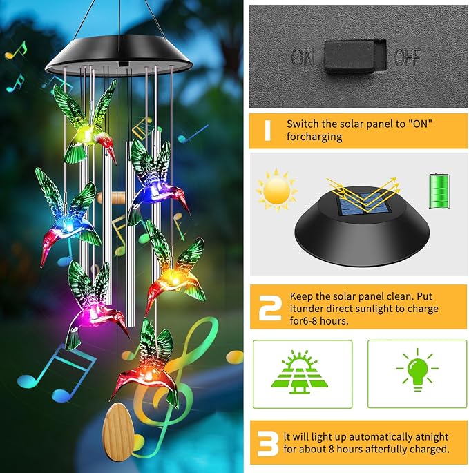 Solar Hummingbird Wind Chimes with 4 Music Aluminum Tubes | Wind Chimes for Outside,Best Gifts for Mom Grandma Women Wife Aunt Sister, Unique Mobile Wind Chime, Garden Yard Decor