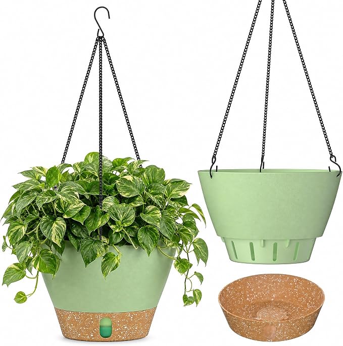 ZMTECH 2 Pack 8 Inch Hanging Baskets for Plants Outdoor Indoor, Modern Green Planters with Water Level Window & Metal Chain for Balcony Patio Garden Home Decor