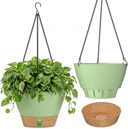 ZMTECH 2 Pack 8 Inch Hanging Baskets for Plants Outdoor Indoor, Modern Green Planters with Water Level Window & Metal Chain for Balcony Patio Garden Home Decor