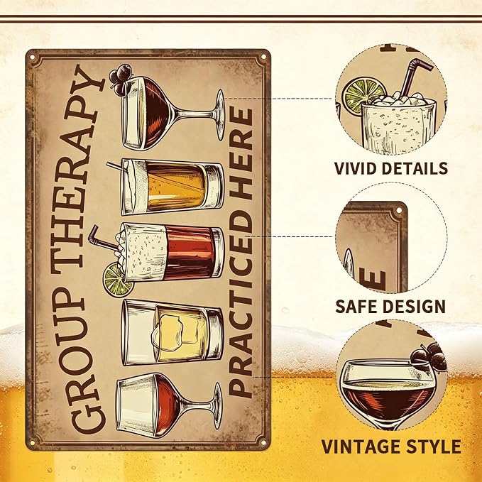 Vintage Metal Sign Group Therapy Practiced Here Tin Sign Funny Walll Decor for Bar Kitchen Pubs Cafe Home Garage 12×8 Inch