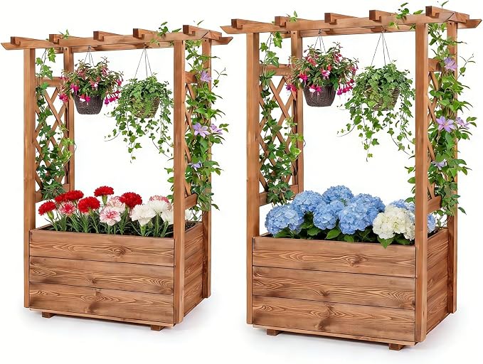 HAPPYGRILL Raised Garden Bed with Trellis, 31” x 16” x 41” Wood Elevated Planter Box with Roof, Freestanding Garden Planter for Climbing Plants Vines Flowers Herbs (2)