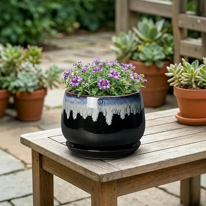 6 Inch Plant Pot - Ceramic Planters for Indoor Plants, Decorative Planter with Drainage Hole and Saucer, Round Flower Pots, Office Patio Decor, Gifts for Gardeners Woman, Black-Blue