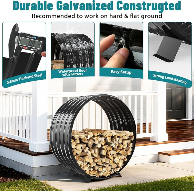 Round Heavy Duty Firewood Rack – Galvanized Wave-Shaped Steel with 4 Sturdy Legs – 0.8mm Thick Black Coated – Indoor or Outdoor Wood Holder for Fireplace,Patio & Deck Fire Pit (2.7FT Diameter)