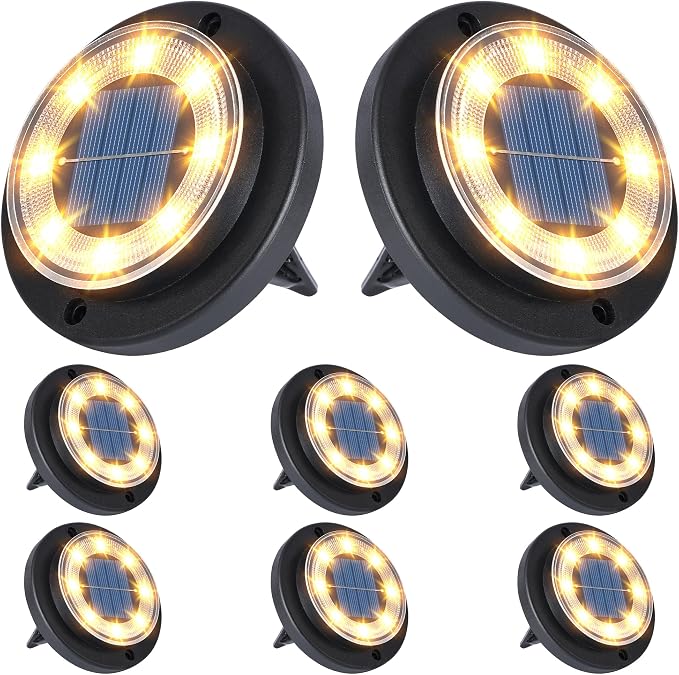 Flacchi Solar Lights Outdoor Waterproof - 2-in-1 Solar Powered Ground Lights Outdoor Solar Disk Light Landscape Light for Deck Step Patio Yard Pathway Walkway Driveway Garden (Warm White, 8 Pack)