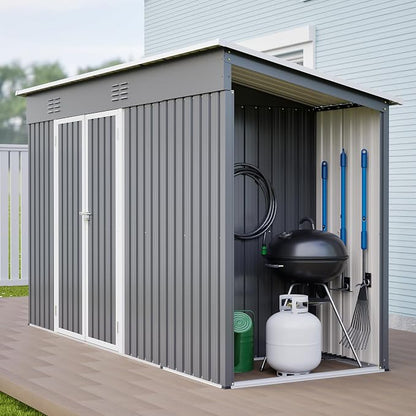 YOPTO 10x4 FT Outdoor Storage Shed, Metal Sheds with Floor Base & Open Firewood Storage,Steel Garden Shed with Lockable Doors,Sloped Roof,Windows, 2 in 1 Large Tool Shed for Patio, Backyard, Lawn.Gray