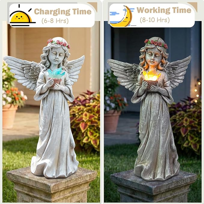 Angel Garden Statue Outdoor Decor, Angel Garden Figurine Hold Bird's Nest with Solar Lights Waterproof Resin Yard Art Decoration Lawn Ornament Sculpture for Outside Patio Yard Gift