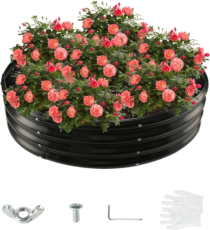 12 Inch Tall 48 Inch Diameter Round Black Raised Garden Bed Kits Outdoor | 1 FT Tall,4 FT Planter Bed for Flowers,Herbs,Vegetables,Trees,0.8MM Thick Galvanized Metal Painted,with Gloves,Tool free