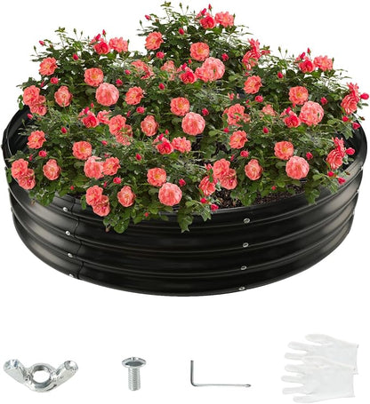 12 Inch Tall 48 Inch Diameter Round Black Raised Garden Bed Kits Outdoor | 1 FT Tall,4 FT Planter Bed for Flowers,Herbs,Vegetables,Trees,0.8MM Thick Galvanized Metal Painted,with Gloves,Tool free