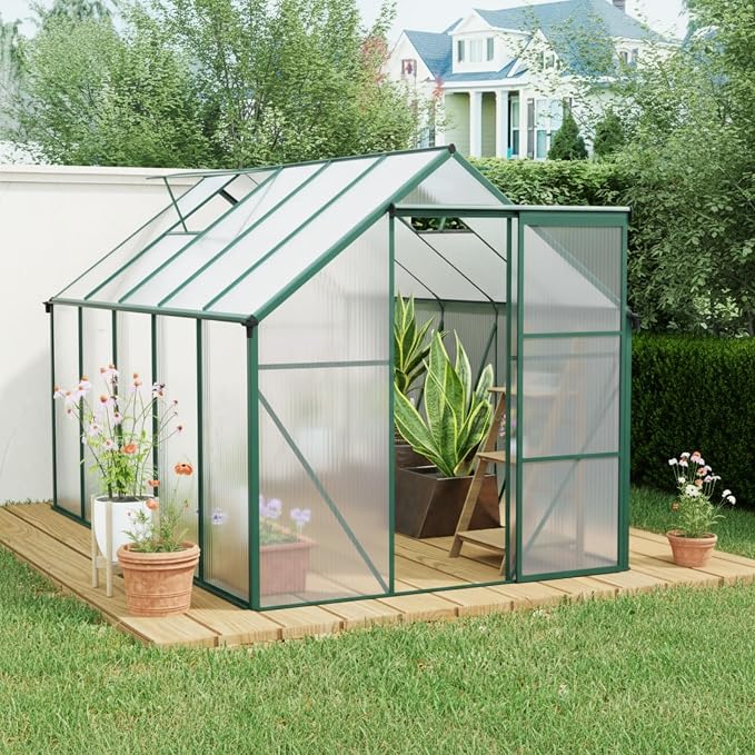 6x10 FT Greenhouse, Walk-in Polycarbonate Greenhouses with Sliding Doors, Aluminum Frame, Adjustable Roof Vent, Raised Base & Anchor, Outdoor Backyard Greenhouse for All Seasons, Green
