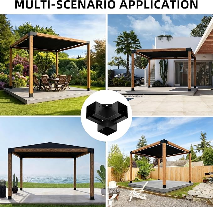 Pergola Brackets Kit 4x4 (Inner Size 3.7x3.7), 4 Pack 3-Way Heavy Duty 90° Right Angle Corner Brackets for DIY Woodworks, Easy Install Pergola Kit for Patio, Gazebos, and Outdoor Structures