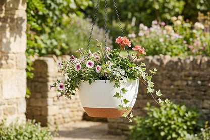 Hanging Planters 3-Pack, 8 Inch Self-Watering Hanging Pots with Drainage Hole and Chains, Plastic Planters for Indoor Outdoor（White Brown）