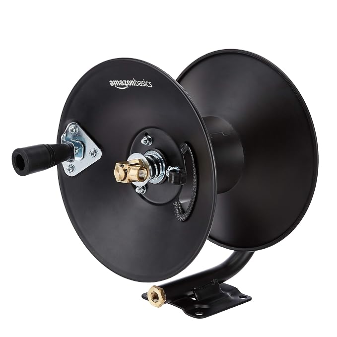Amazon Basics Retractable Air Hose Reel - Fits 3/8-Inch 50-Feet Air Compressor Hoses, Portable, Works Well, 300PSI, Black, Hoses Excluded, Not for Water/Pressure Washers